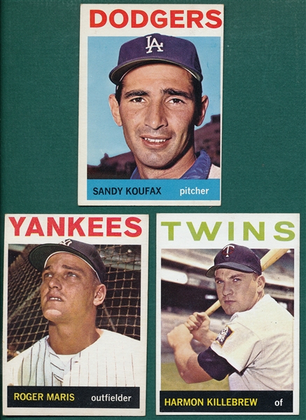 1964 Topps (3) Card Lot W/ Maris, Killebrew & Koufax 