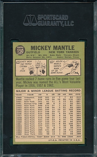 1967 Topps #150 Mickey Mantle SGC 80