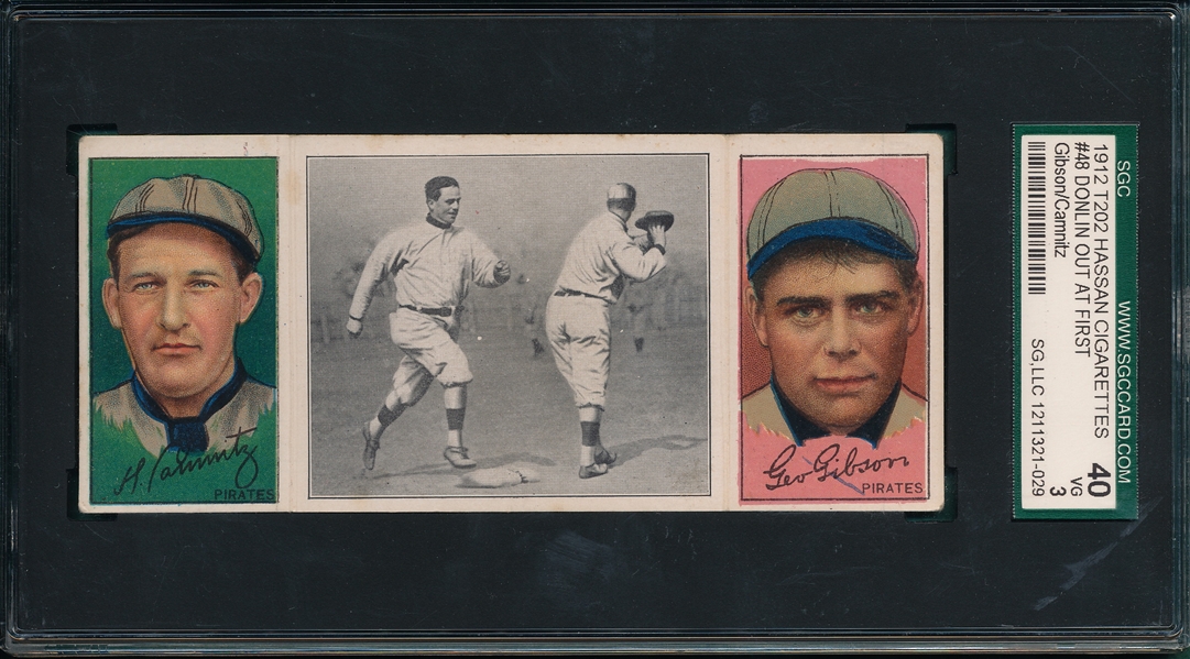 1912 T202 Donlin Out at First, Camnitz/Gibson Hassan Cigarettes SGC 40