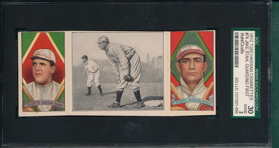 1912 T202 Jake Stahl Guarding First, Cicotte/Stahl Hassan Cigarettes SGC 30