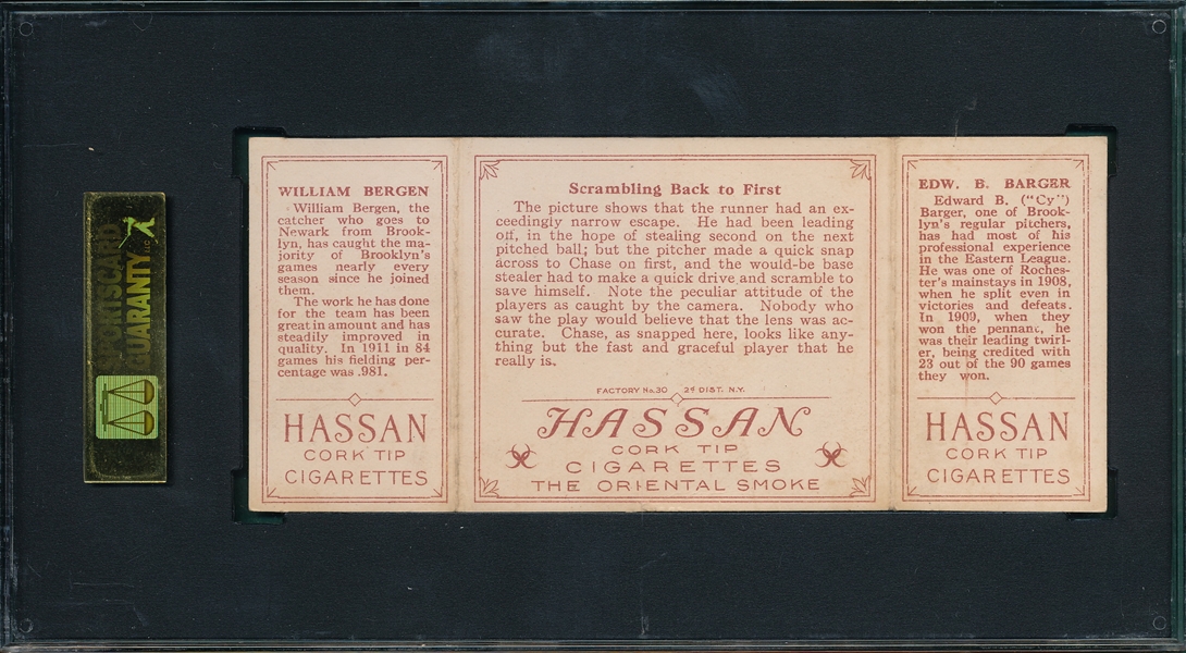 1912 T202 Scrambling Back to First, Barger/Bergen, Hassan Cigarettes SGC 40