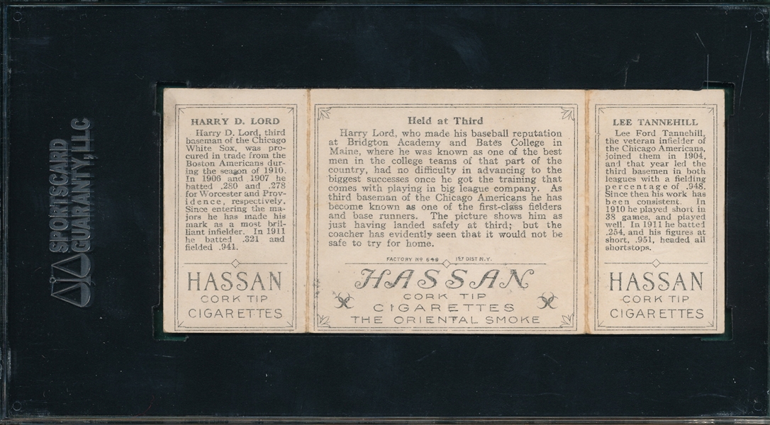 1912 T202 Held at Third, Tannehill/Lord, Hassan Cigarettes SGC 45