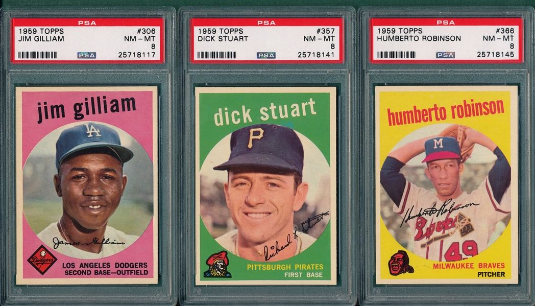 1959 Topps #306 Gilliam, #357 Stuart & #366 Robinson (3) Card Lot PSA 8 