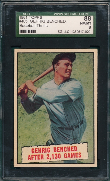 1961 Topps #405 Gehrig Benched SGC 88