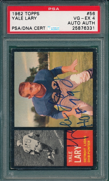 1962 Topps FB #56 Yale Lary PSA 4, Autographed PSA/DNA Authentic