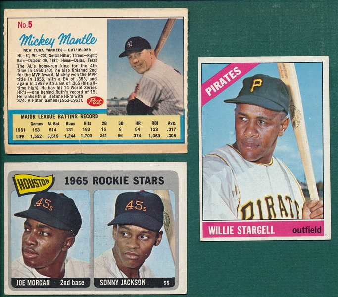 1962-66 Topps Morgan, Rookie, Stargell & 1962 Post Mantle (3) Card Lot