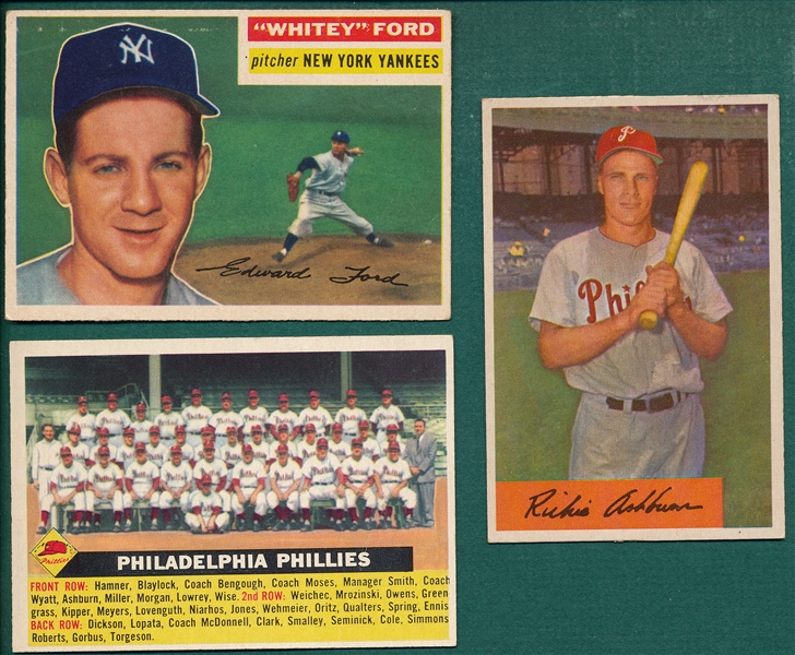 1954 Bowman #15 Ashburn Plus 1956 Topps #72 Phillies Team & #240 Ford (3) Card Lot