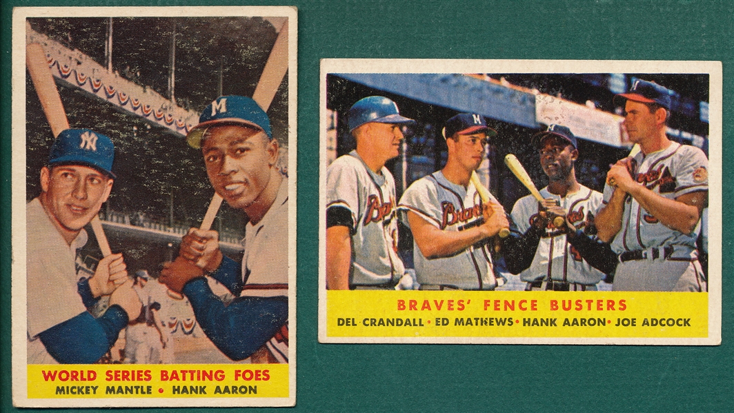 1958 Topps #351 Braves Busters W/ Mathews & Aaron, & #418 WS Batting Foes W/ Mantle & Aaron, (2) Card Lot