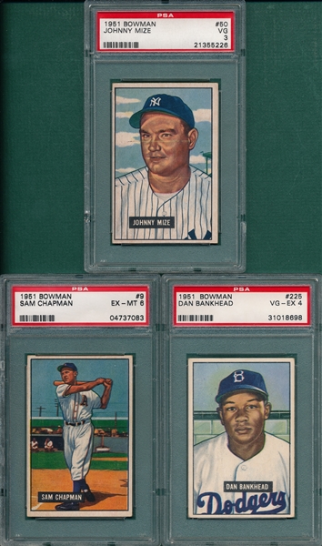 1951 Bowman #9 Chapman, #225 Bankhead & #50 Mize (3) Card Lot PSA 