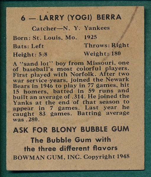 1948 Bowman #6 Yogi Berra *Rookie*