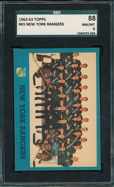 1962-63 Topps HCKY #65 NY Rangers SGC 88