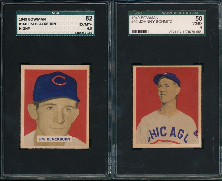 1949 Bowman #52 Schmitz & #160 Jim Blackburn SGC 82 *Hi #* (2) Card Lot