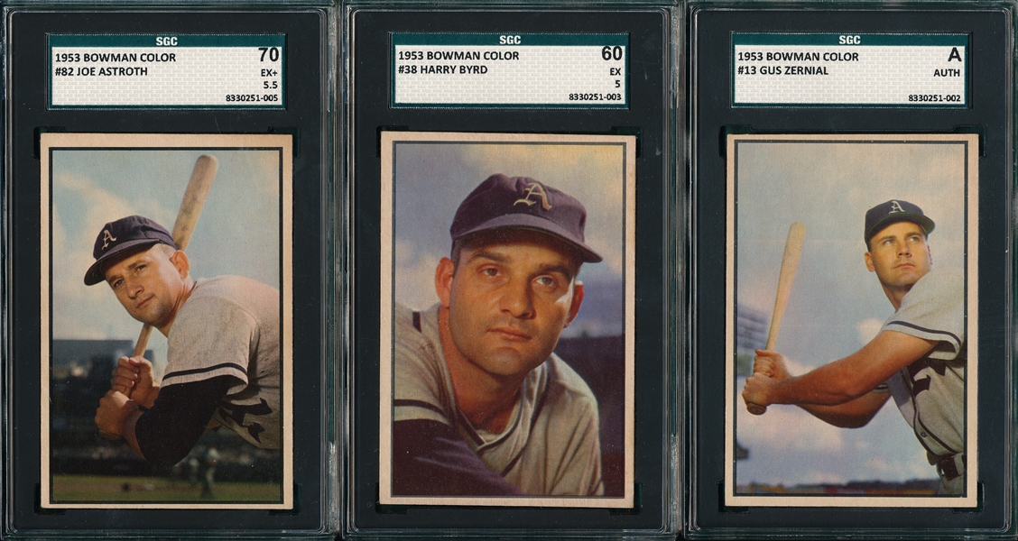 1953 Bowman Color #13 Zernial, #38 Byrd & #82 Astroth, Lot of (3) SGC 