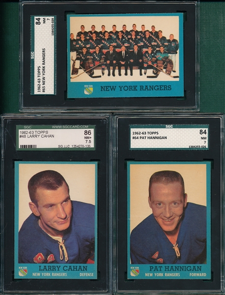 1962-63 Topps HCKY #48, #64 & #65 Rangers Team Lot of (3) SGC 84/86