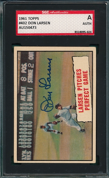 1961 Topps #402 Larsen Pitches Perfect Game, Signed SGC Authentic