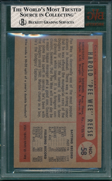 1954 Bowman #58 Pee Wee Reese BVG 8