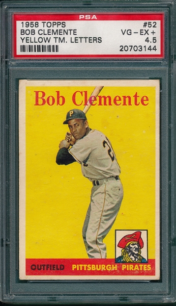 1958 Topps #52 Bob Clemente, Yellow Letters, PSA 4.5