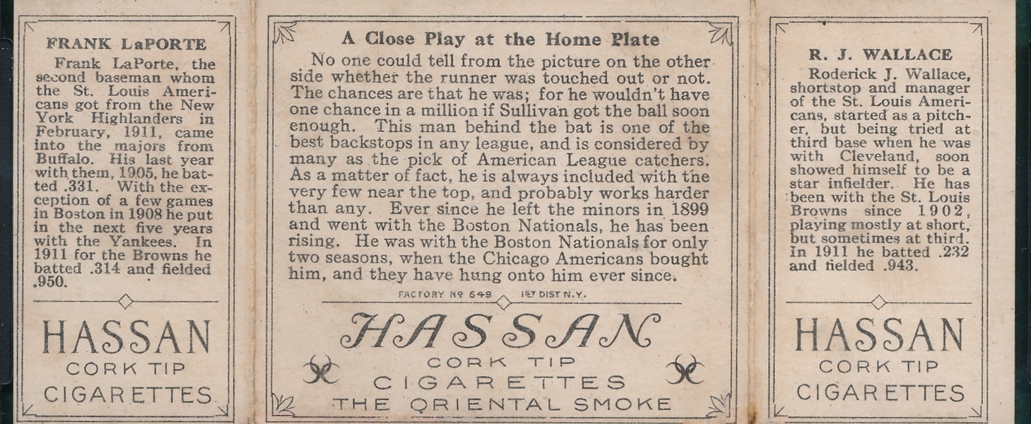 1912 T202 A Close Play at Home, Wallace/LaPorte Hassan Cigarettes SGC 60