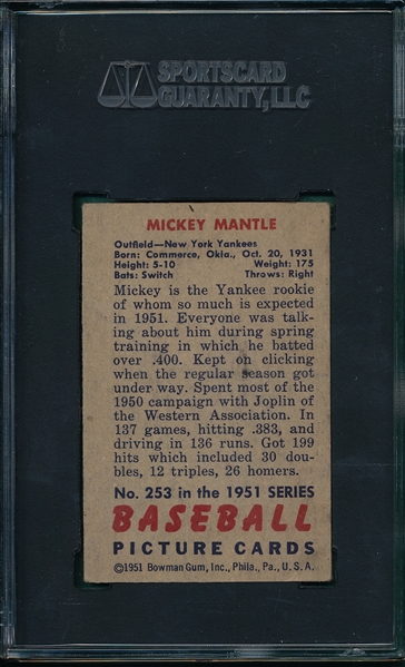 1951 Bowman #253 Mickey Mantle SGC 35 *Hi #* *Rookie*
