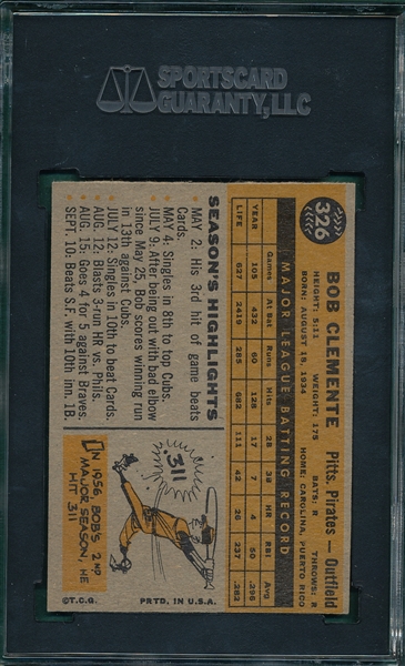 1960 Topps #326 Bob Clemente SGC 84