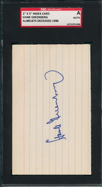 Hank Greenberg Autographed Index Card SGC Authentic