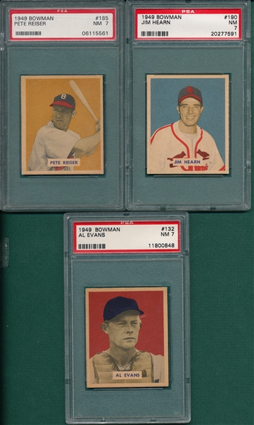 1949 Bowman #132 Evans, #185 Reiser & #190 Hearn (3) Card Lot PSA 7 *Hi #*
