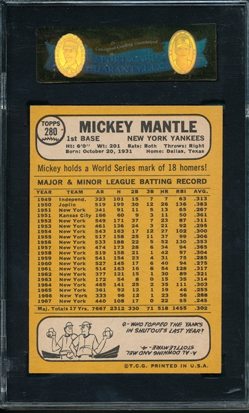 1968 Topps #280 Mickey Mantle SGC 84
