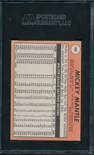 1969 Topps #500 Mickey Mantle, Yellow Letters, SGC 84