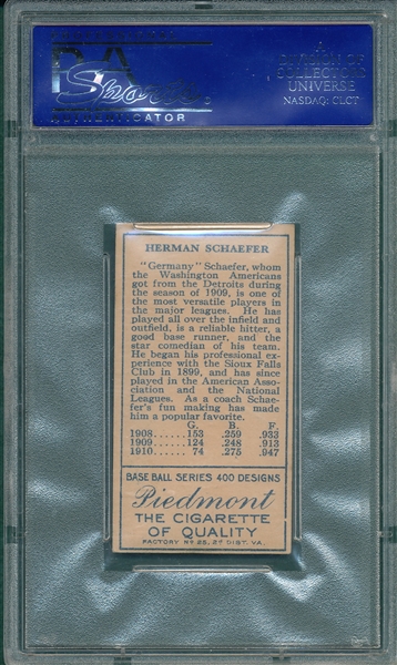 1911 T205 Schaefer Piedmont Cigarettes PSA 4