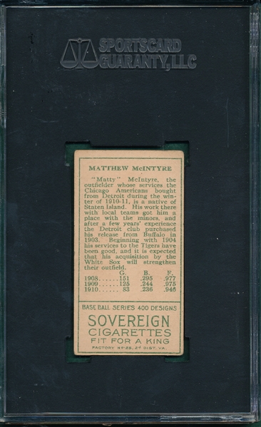 1911 T205 McIntyre, Matty, Sovereign Cigarettes SGC 55