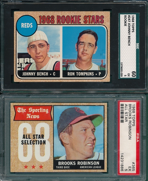 1968 Topps #365 B. Robinson, AS, PSA 5 & #247 Bench, Rookie SGC 60, (2) Card Lot