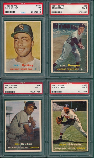 1957 Topps #48, #99, #383 & #401 Battey (4) Card Lot PSA 7