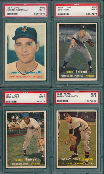 1957 Topps #105, 150, 176 & 384, (4) Card Lot PSA 7