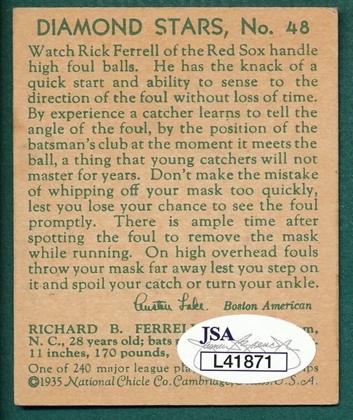 1934-36 Diamond Star #48 Rick Ferrell, Autographed JSA Authentic