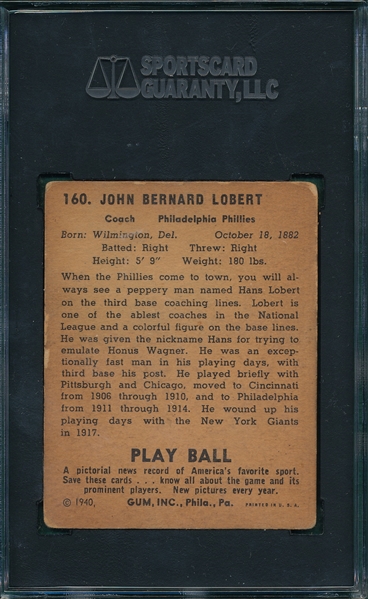 1940 Play Ball #160 Hans Lobert, Autographed, SGC Authentic