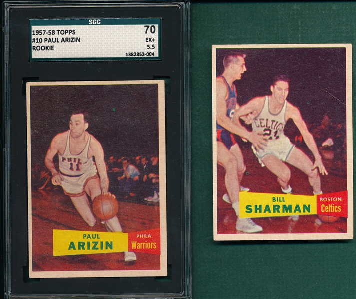 1957-58 Topps BSKT #5 Sharman & #10 Arizin, Rookie SGC 70 (2) Card Lot