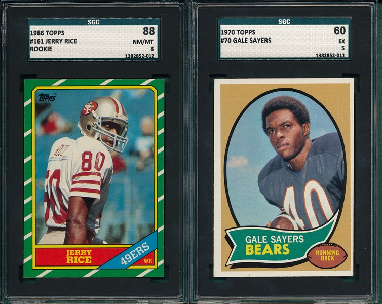 1970/86 Topps FB #70 Sayers SGC 60 & #161 Jerry Rice, Rookie SGC 88 (2) Card Lot