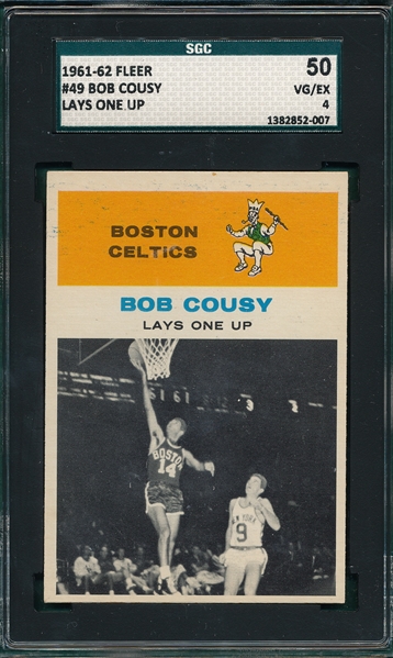 1961-62 Fleer BSKT #49 Bob Cousy, Lays One Up SGC 50