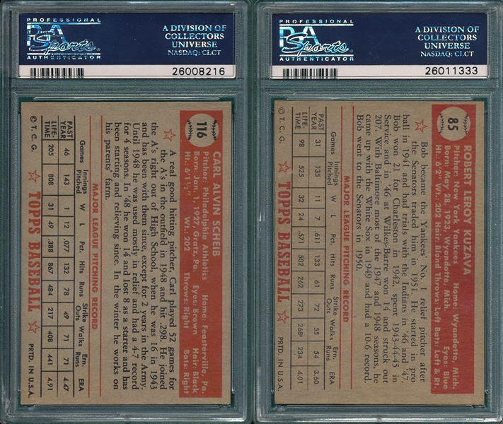 1952 Topps #85 Kuzava & #116 Scheib (2) Card Lot PSA
