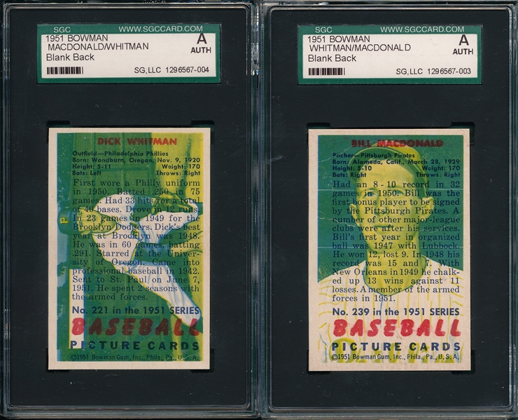 1951 Bowman Whitman/MacDonald, Printed All on Front, (2) Card Lot SGC Authentic