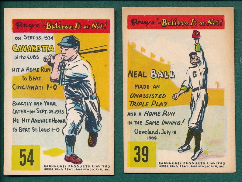 1953 Parkhurst Ripley's Believe It or Not #39 Ball and #54 Cavaretta (2) Card Lot