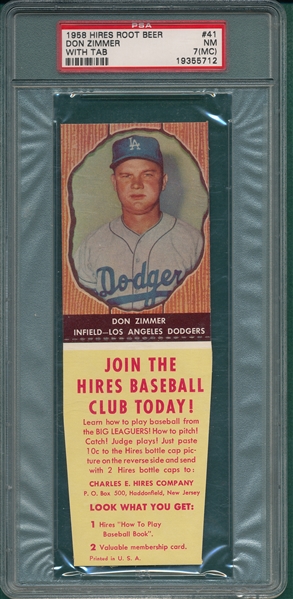 1958 Hires Root Beer #41 Don Zimmer With Tab PSA 7 OC