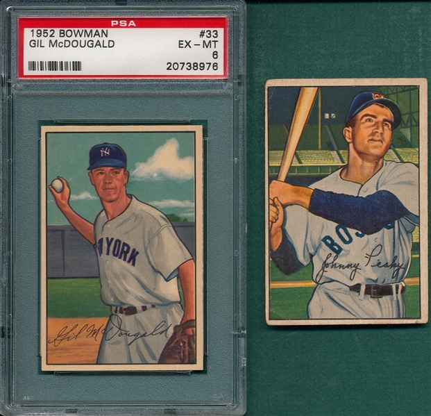 1952 Bowman #45 Pesky & #33 McDougald, (2) Card Lot, PSA 6