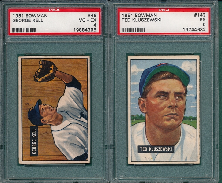 1951 Bowman #46 Kell & #143 Kluszewski, (2) Card Lot PSA