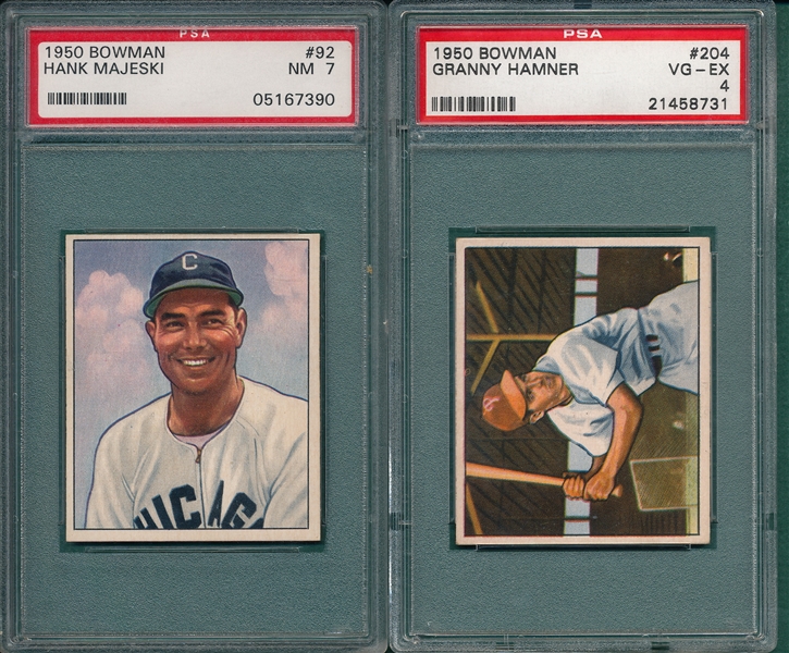 1950 Bowman #204 Hamner PSA 4 & #92 Majeski PSA 7, (2) Card Lot 