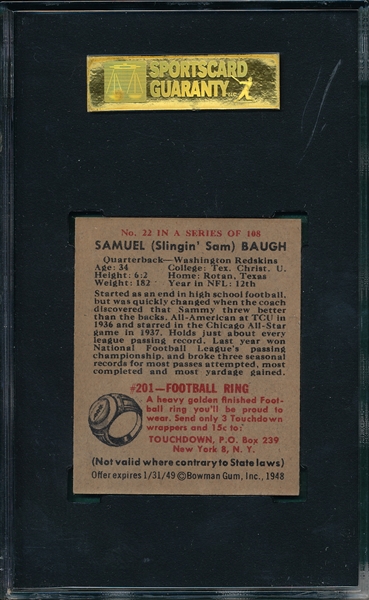1948 Bowman FB #22 Sammy Baugh SGC 86 *Rookie*