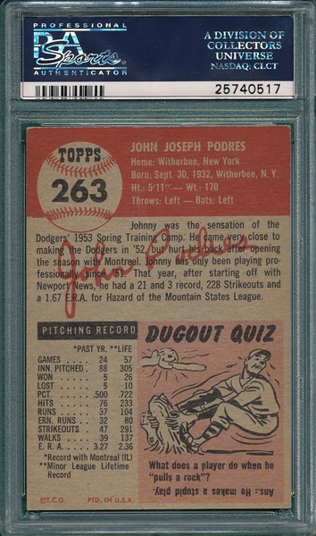 1953 Topps #263 Johnny Podres PSA 5 *Hi #, SP* *Rookie*