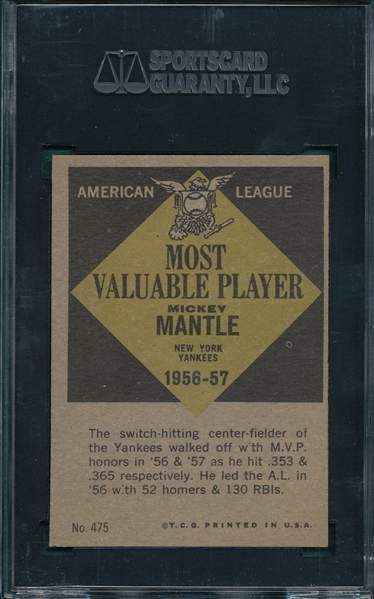 1961 Topps #475 Mickey Mantle, MVP, SGC 86 