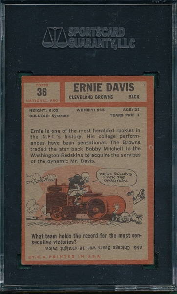 1962 Topps FB #36 Ernie Davis SGC 80 *SP* *Rookie*