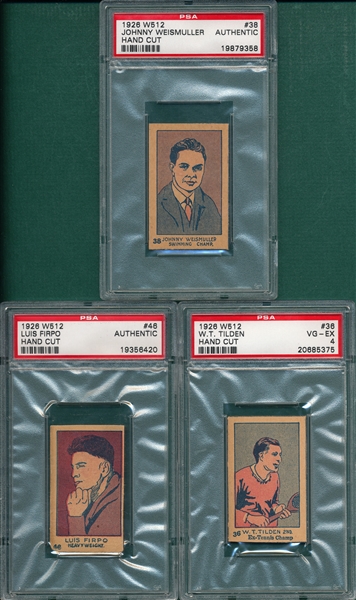 1926 W512  Firpo, Tilden & Weismuller (3) Card Lot PSA 